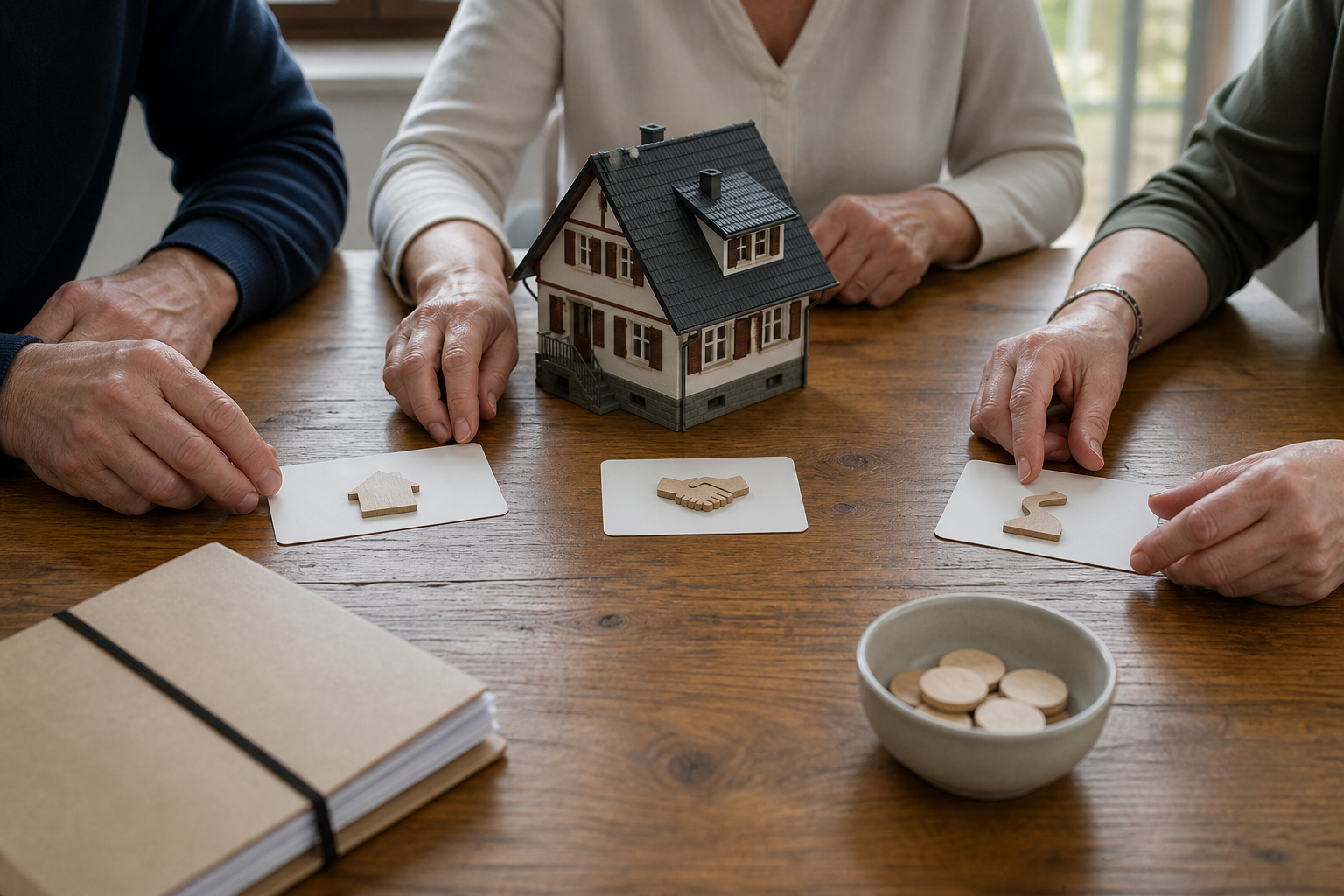 Drei Familienmitglieder ordnen Entscheidungszeichen um ein gemeinsames Hausmodell.