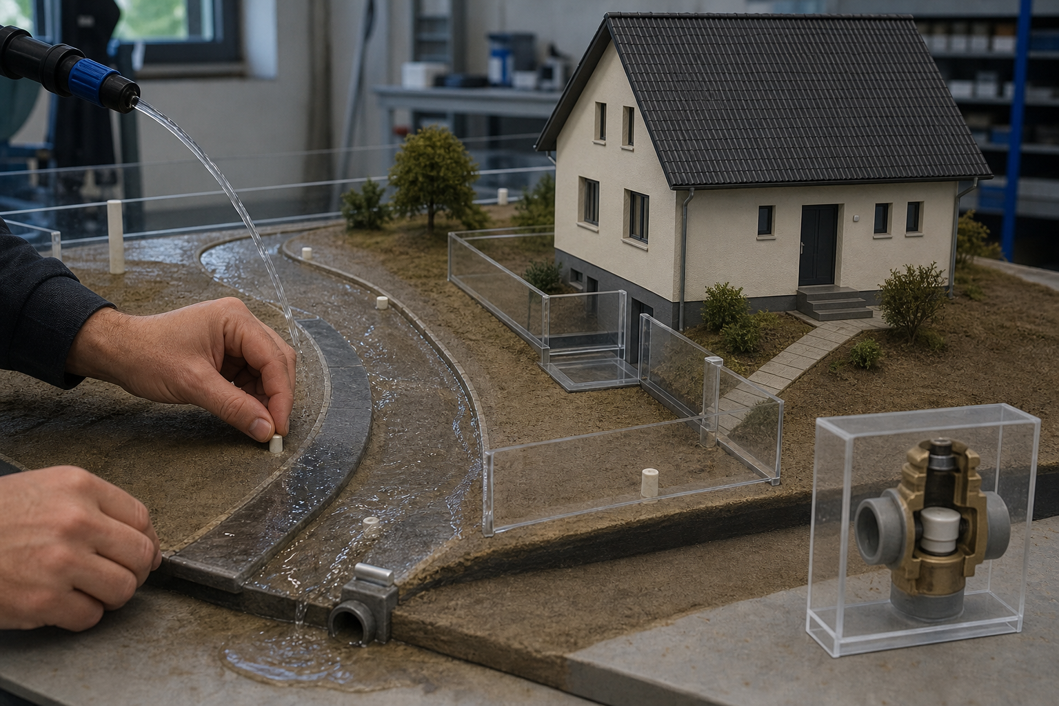 Kontrollierter Wasserlauf auf einem Gelände-Testmodell mit Haus und Schutzbauteilen.