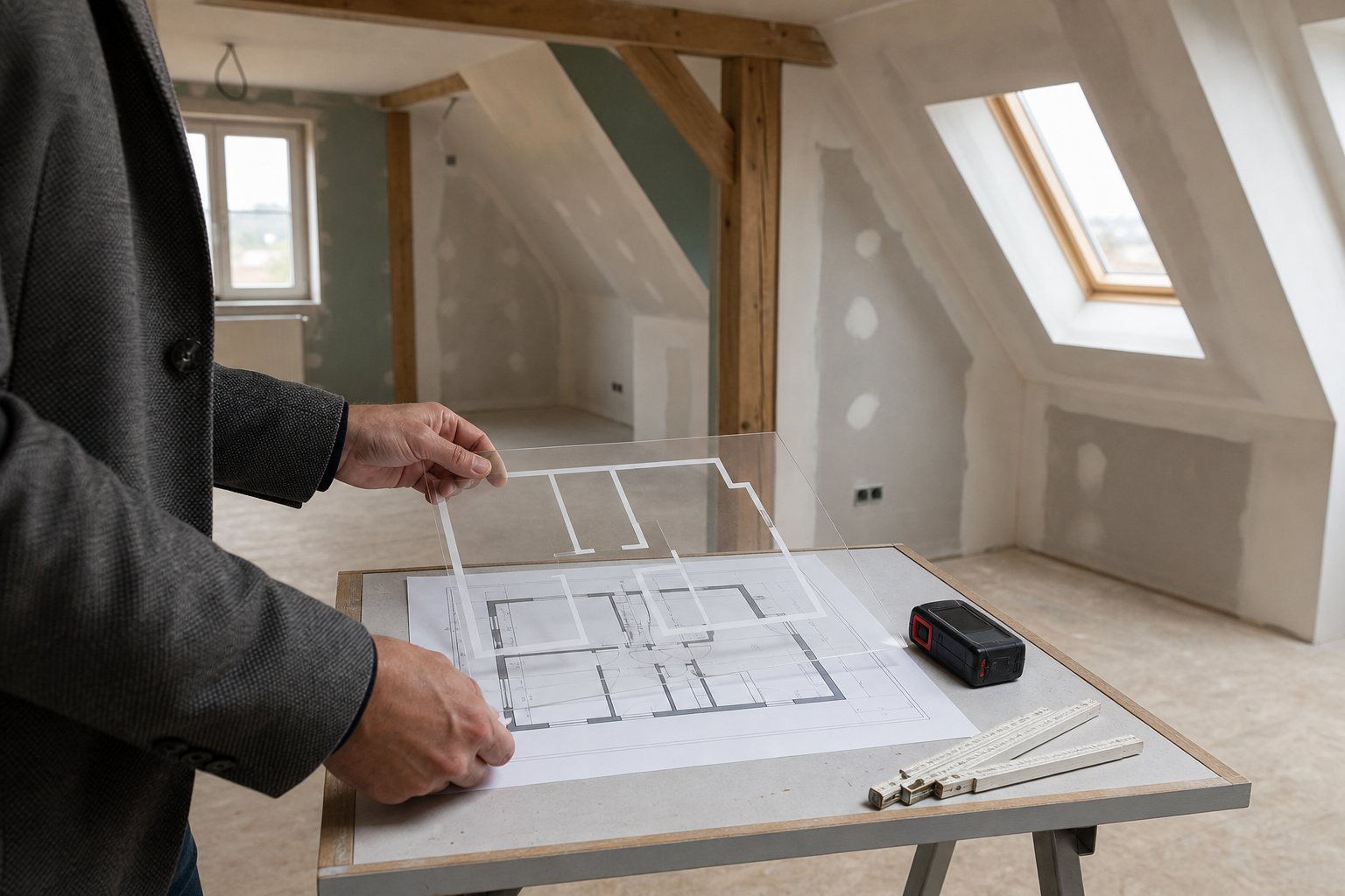 Architekt gleicht eine transparente Raumkontur mit Grundriss und ausgebautem Dachraum ab.