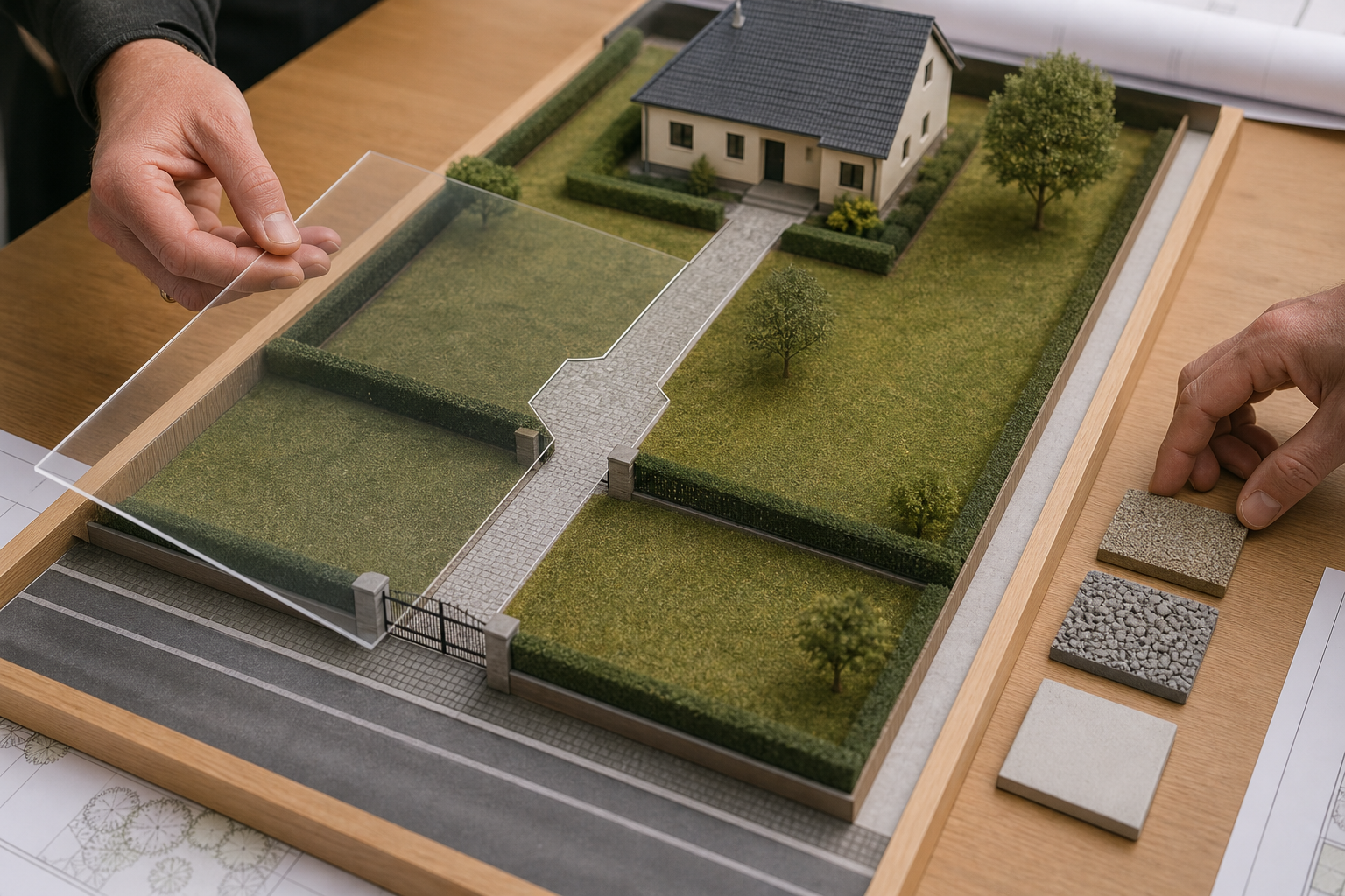 Zufahrtskorridor über ein vorderes Grundstück zu einem rückwärtigen Hausmodell.